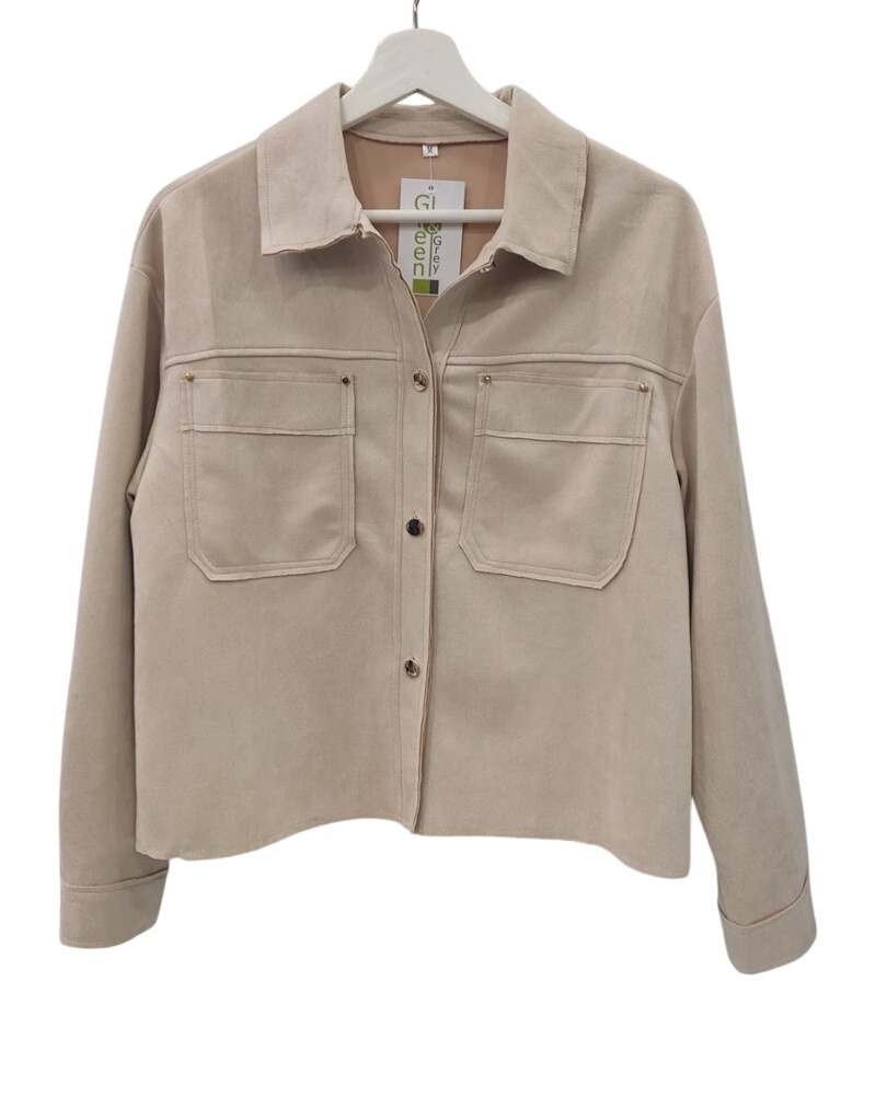 Chaqueta de antelina beige para chica, corte recto, cierre abotonado, cuello clásico y grandes bolsillos de parche en el pech