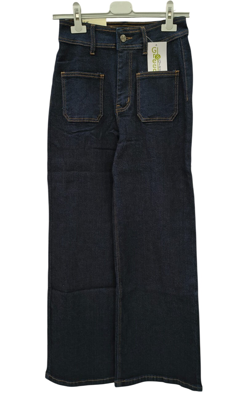 Vaquero culotte azul oscuro para chica con bolsillos frontales de parche, costuras en contraste y corte recto holgado de tiro