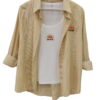 Conjunto de camisa oversize de rayas verticales en tonos arena y blanco para chica con motivo bordado de sol e inscripción 'S