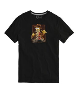 Camiseta negra de chico con corte recto, mangas cortas y estampado central a color de personaje animado sentado con botella y