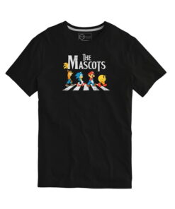 Camiseta negra de algodón para chico, corte recto y manga corta, con estampado frontal de cuatro personajes de colores sobre