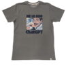 Camiseta gris oscuro de corte recto para chico, algodón liso, manga corta, cuello redondo y estampado frontal con frase ME LO