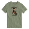 Camiseta de manga corta y corte recto para chico en verde oliva, con gráfico frontal de motorista rosa y texto Pink Rider. Te