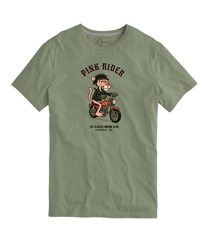 Camiseta de manga corta y corte recto para chico en verde oliva, con gráfico frontal de motorista rosa y texto Pink Rider. Te