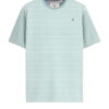 Camiseta de rayas horizontales en verde menta y blanco para chico, corte recto, manga corta y cuello redondo, detalle bordado