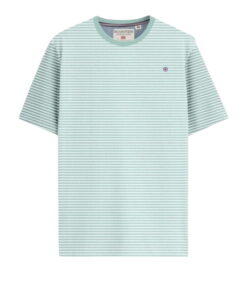 Camiseta de rayas horizontales en verde menta y blanco para chico, corte recto, manga corta y cuello redondo, detalle bordado