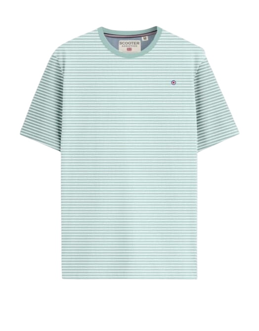 Camiseta de rayas horizontales en verde menta y blanco para chico, corte recto, manga corta y cuello redondo, detalle bordado