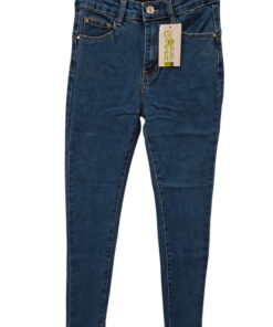 Pantalón vaquero slim de chica en azul oscuro, corte pitillo desde muslo a tobillo, cinco bolsillos y costuras contrastadas
