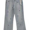 Vaquero culotte azul claro de chica en denim con pierna ancha, talle alto, cinco bolsillos y bordados de pequeñas estrellas