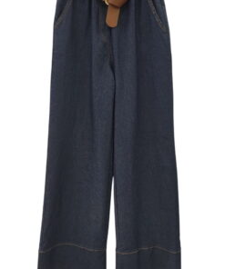 Pantalón culotte de denim fino azul oscuro para chica, corte amplio, cinturilla elástica y cinturón decorativo marrón con heb