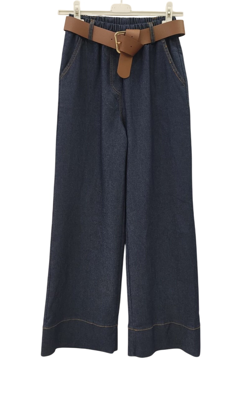 Pantalón culotte de denim fino azul oscuro para chica, corte amplio, cinturilla elástica y cinturón decorativo marrón con heb
