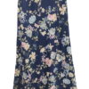 Falda larga satinada para chica con estampado floral en tonos pastel sobre fondo azul marino, tejido fluido, corte evasé y do