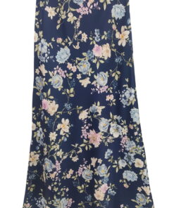Falda larga satinada para chica con estampado floral en tonos pastel sobre fondo azul marino, tejido fluido, corte evasé y do