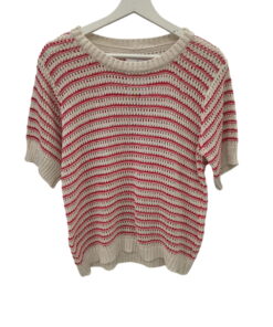 Jersey de manga corta calado en punto de rayas horizontales beige y rojo para chica, cuello redondo con ribete ancho, acabado
