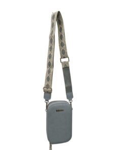 Mini bolso para móvil tipo bandolera en color gris, material sintético efecto cuero, cierre cremallera y correa ajustable de