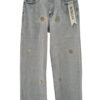 Pantalón vaquero azul claro wide-leg para chica con bordados de motivos marinos, animales en colores sutiles y dobladillo des