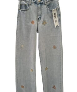 Pantalón vaquero azul claro wide-leg para chica con bordados de motivos marinos, animales en colores sutiles y dobladillo des