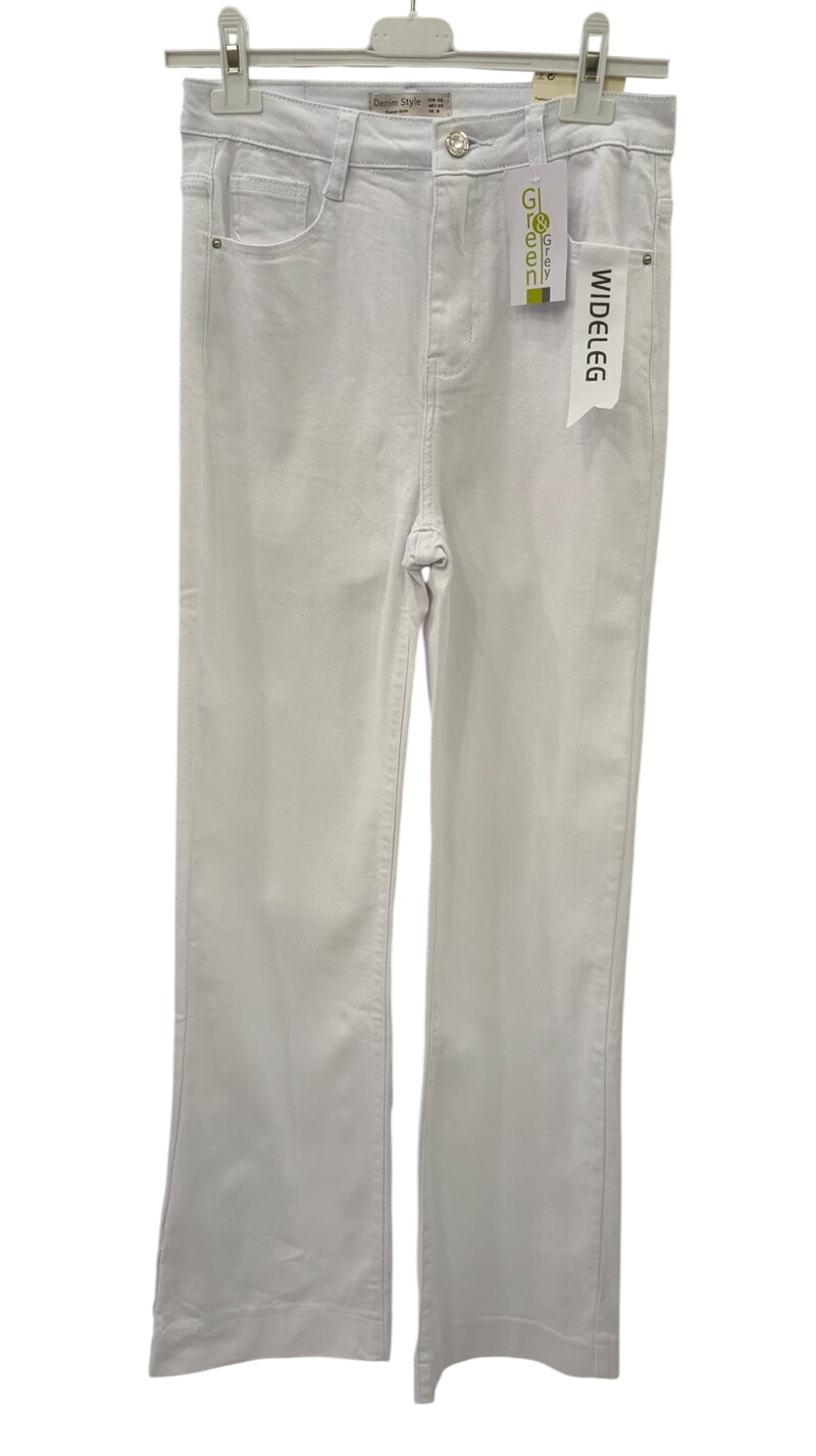 Pantalón vaquero blanco de pierna ancha para chica, corte recto, cinco bolsillos, cintura de tiro medio y cierre metálico. Te