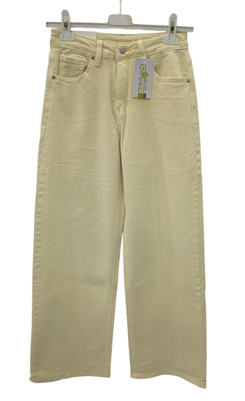 Pantalón denim wide leg de chica en tono crema-marfil, ajuste holgado, corte recto, cinco bolsillos y dobladillo cropped con.