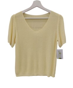 Jersey de punto fino para chica en amarillo claro, manga corta abombada, tejido acanalado, escote en V y corte recto holgado