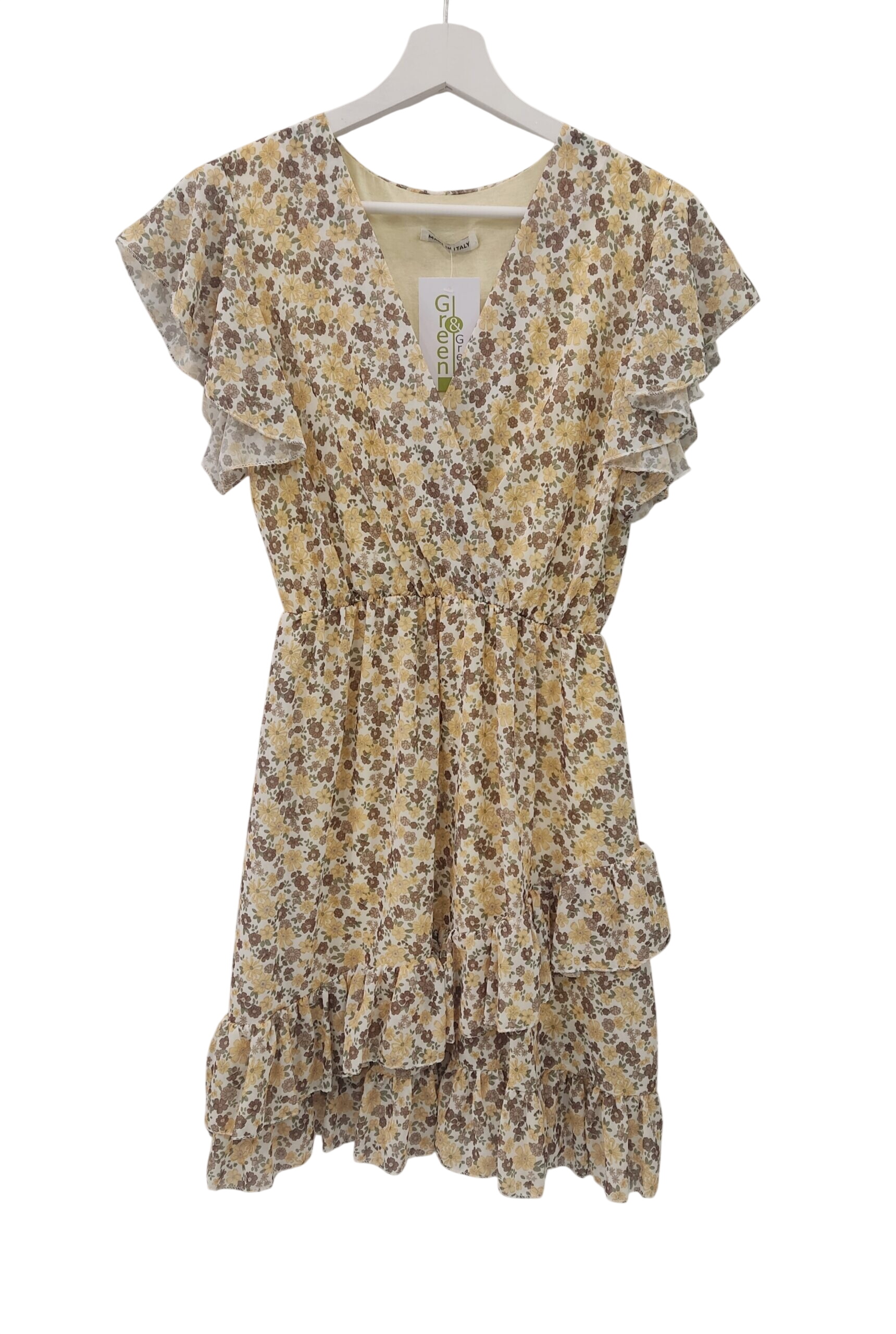 Vestido corto floreado con cuello en V para chica, estampado floral pequeño en tonos marrón, crema y amarillo sobre fondo cr