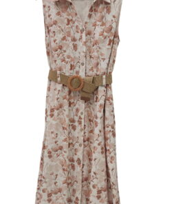 Vestido midi de flores sin mangas para chica, fondo beige crema, tejido ligero tipo lino, cinturón trenzado marrón y cuello c