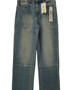 Pantalón vaquero wide leg para chica en denim azul medio, corte amplio, efecto lavado con zonas claras, cinco bolsillos y sin