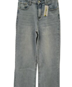 Pantalón vaquero ancho de chica en azul claro deslavado, talle alto, corte relajado y cierre de botón metálico. Cinco bolslls