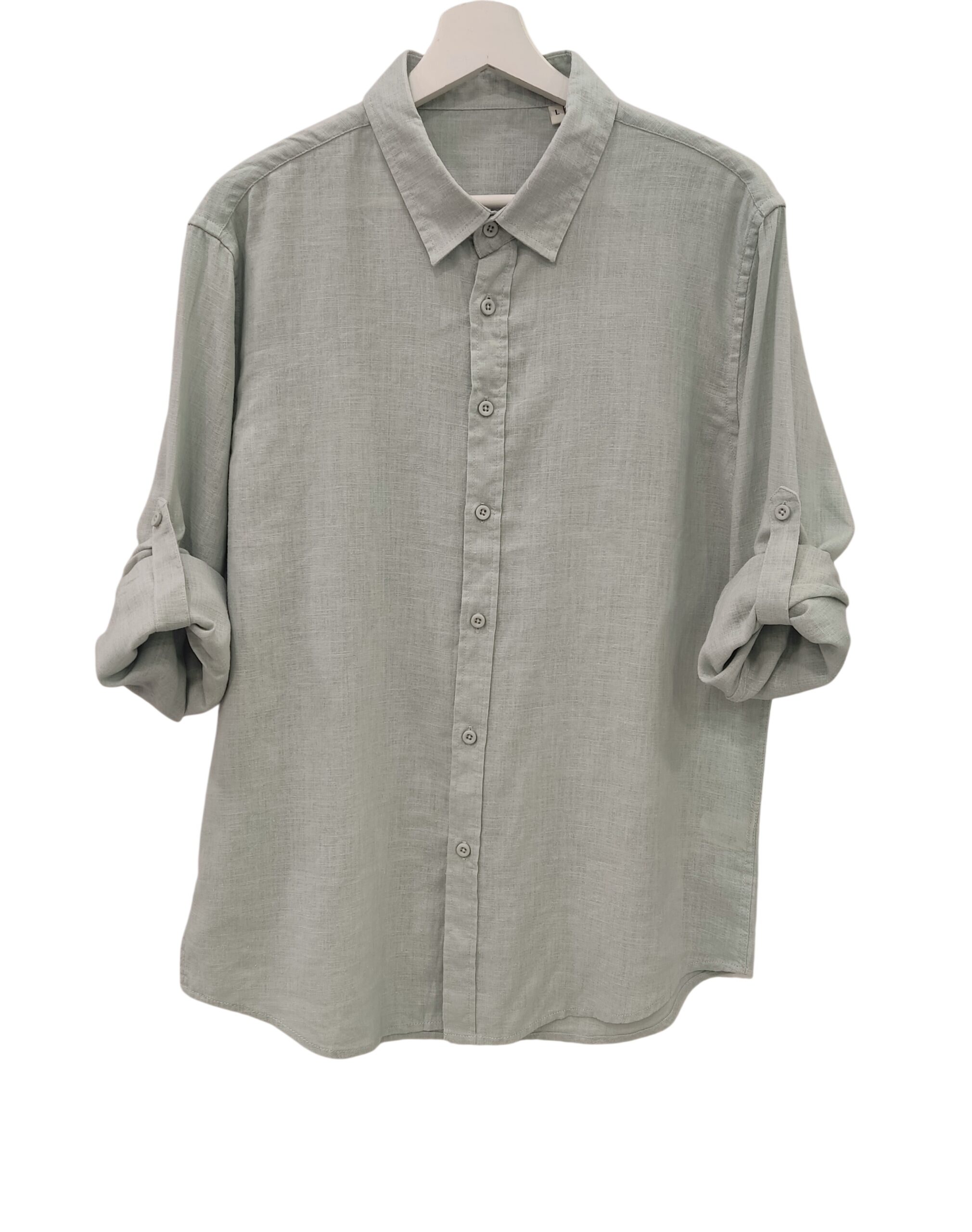 Camisa de lino gris claro para chico, manga larga con opción de recoger y cerrar con lengüeta, diseño recto y cuello camisero