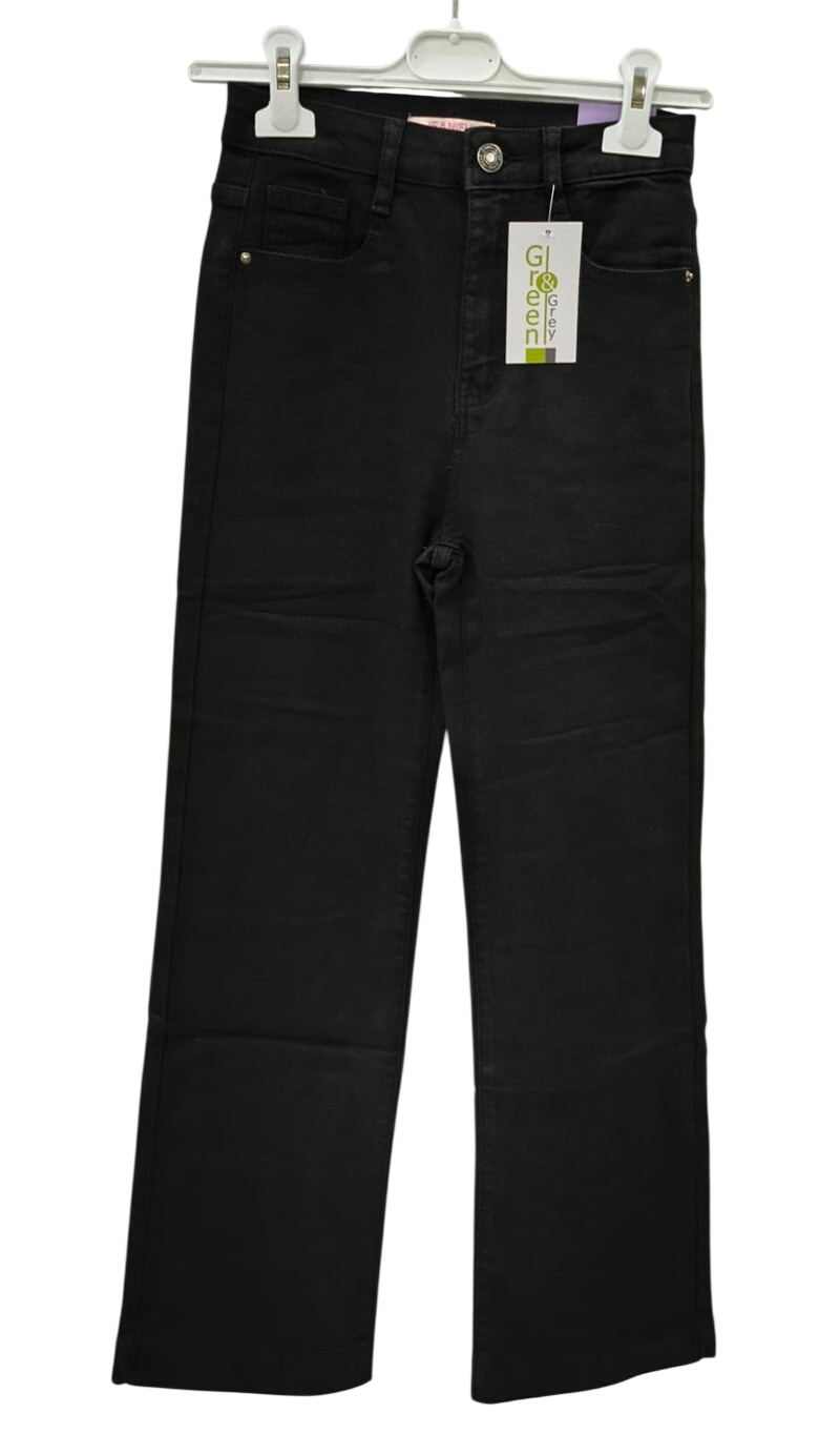 Pantalón vaquero negro ancho para chica con corte recto, denim compacto ligeramente elástico, bolsillos funcionales y cintura