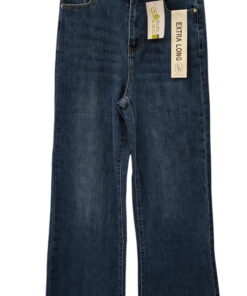 Pantalón vaquero azul índigo para chica, corte recto extra largo, cinco bolsillos, costuras ocre visibles y dobladillo reforz
