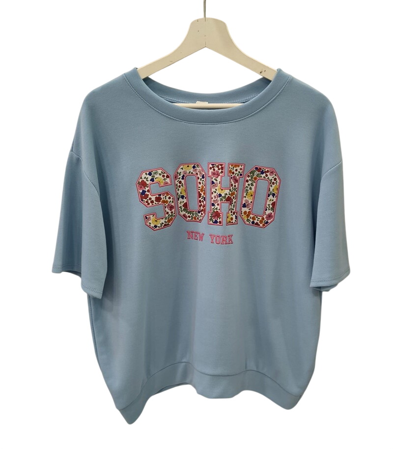 Camiseta de manga corta azul pastel para chica, corte holgado en algodón, con estampado frontal SOHO y flores multicolor, y