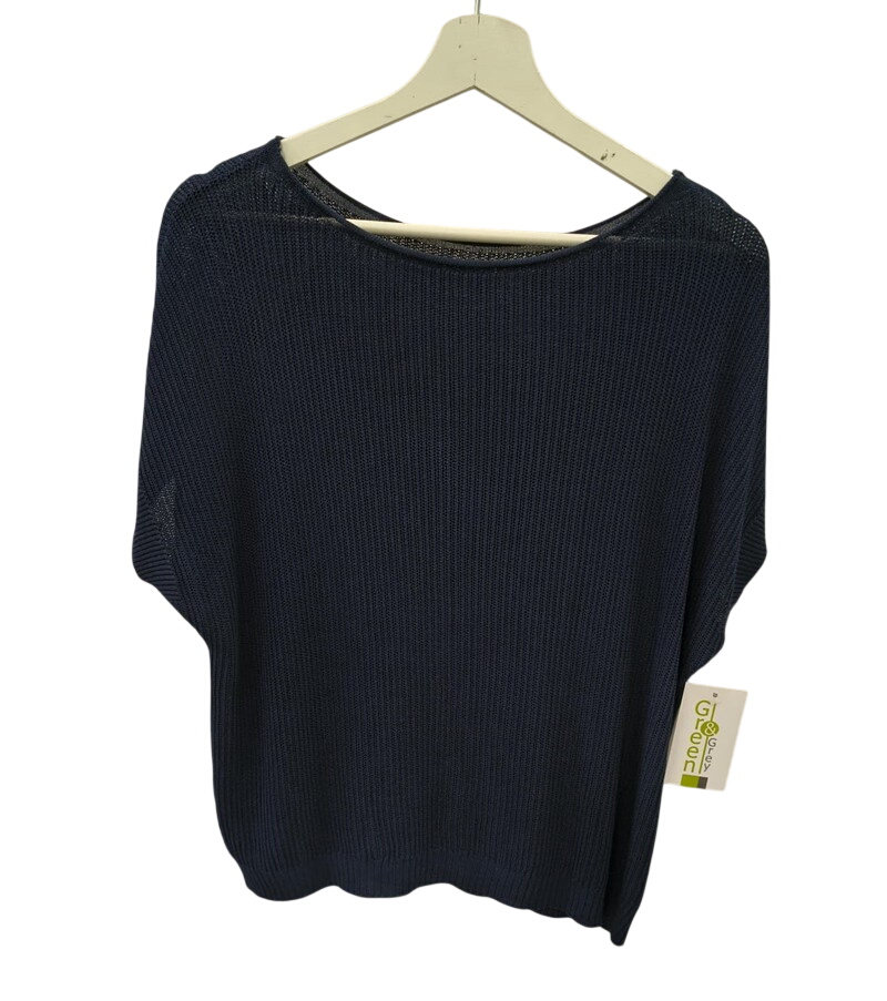 Jersey de punto amplio en azul marino oscuro para chica, manga corta caída tipo murciélago, tejido ligero y escote redondo, s