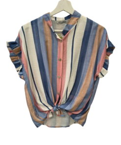 Blusa holgada de rayas verticales multicolor para chica, con cuello mao, botones metálicos, mangas cortas con volantes y anud