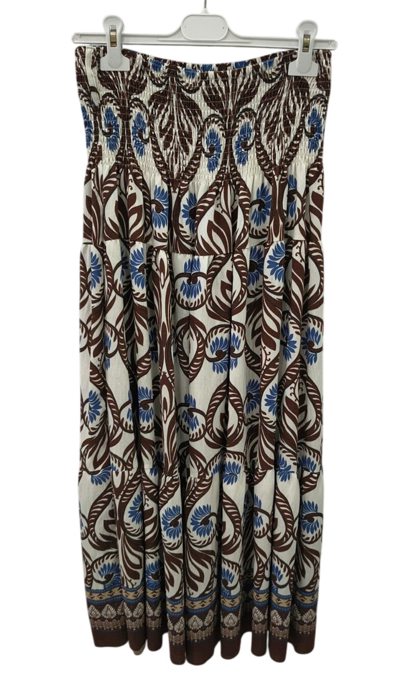 Falda midi estampada para chica en tonos marrón y azul, de algodón ligero, con cintura elástica engomada, plisado y detalle b