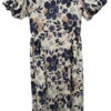Vestido midi de manga corta con estampado floral azul y marrón sobre fondo crema, tejido ligero, lazo en la espalda y corte a