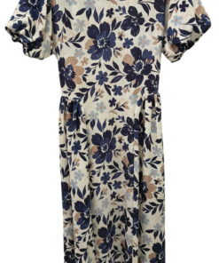 Vestido midi de manga corta con estampado floral azul y marrón sobre fondo crema, tejido ligero, lazo en la espalda y corte a
