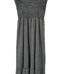 Vestido largo de cuadros vichy en blanco y negro para chica, tirantes anchos con volantes y fruncido elástico en el torso, de