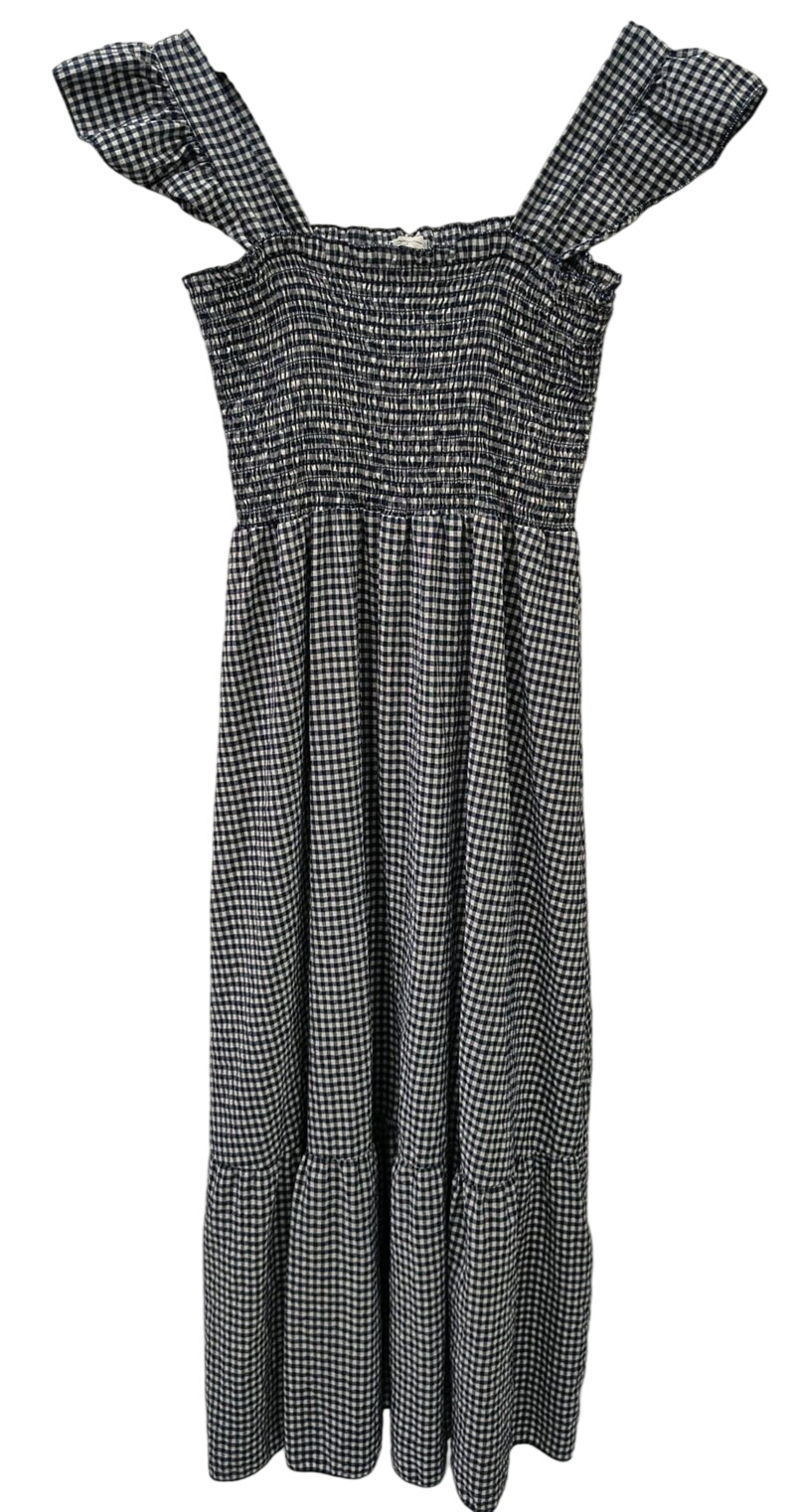 Vestido largo de cuadros vichy en blanco y negro para chica, tirantes anchos con volantes y fruncido elástico en el torso, de
