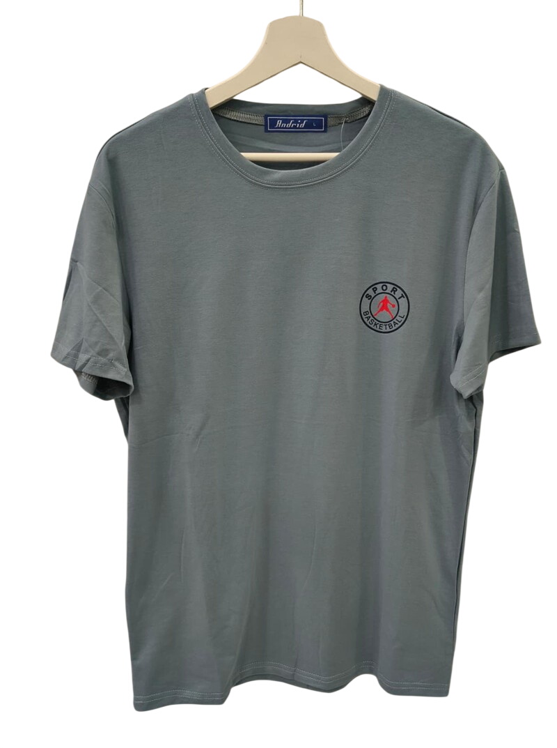Camiseta de manga corta gris azulada para chico, con estampado pequeño 'SPORT BASKETBALL' en el pecho y detalle en rojo, de c