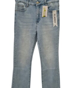 Pantalón vaquero flare para chica en azul claro con pernera acampanada, talle medio, cinco bolsillos y efecto desgastado en,5
