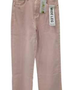 Pantalón vaquero wide leg de color rosa claro para chica, tiro alto, pierna ancha, cinco bolsillos, tejido elástico y cierre