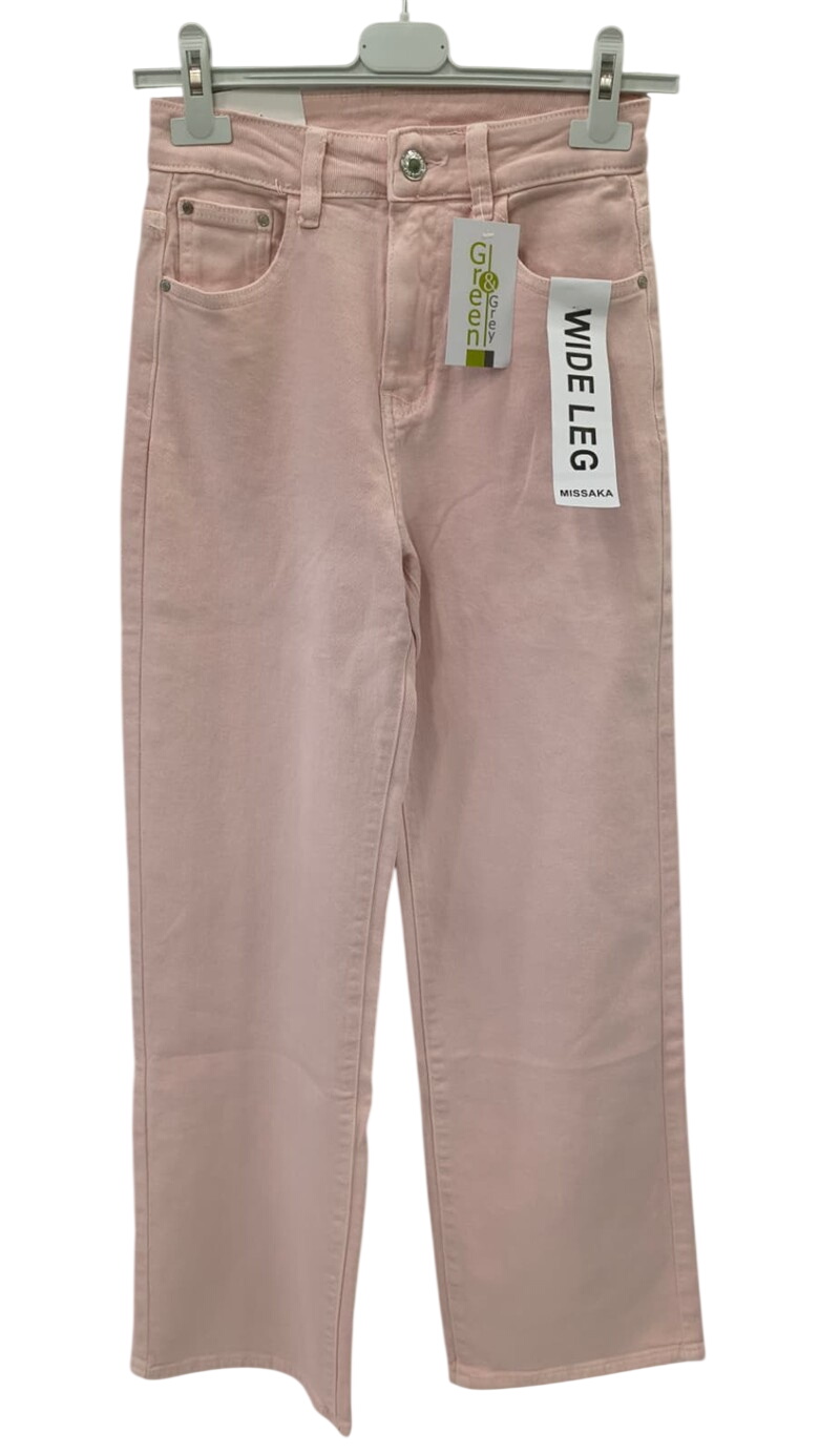 Pantalón vaquero wide leg de color rosa claro para chica, tiro alto, pierna ancha, cinco bolsillos, tejido elástico y cierre