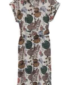 Vestido midi camisero de algodón para chica, con estampado de hojas multicolor en tonos cálidos, cinturón de la misma tela, y