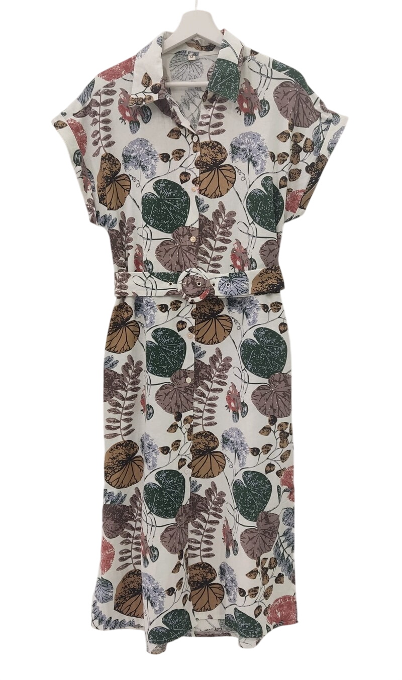 Vestido midi camisero de algodón para chica, con estampado de hojas multicolor en tonos cálidos, cinturón de la misma tela, y