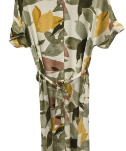 Vestido largo camisero para chica con estampado de hojas en verde y tostado, manga corta, cinturón del mismo tejido y cuello.