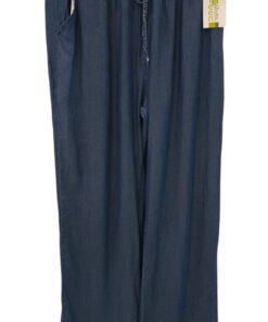 Pantalón ancho denim fino azul oscuro para chica, tejido de algodón con cinturilla elástica y cordón ajustable, bolsillos en