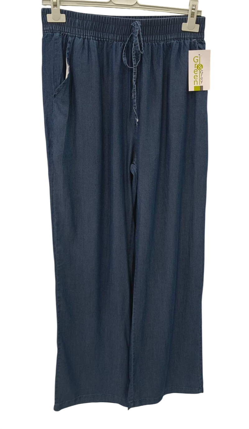 Pantalón ancho denim fino azul oscuro para chica, tejido de algodón con cinturilla elástica y cordón ajustable, bolsillos en