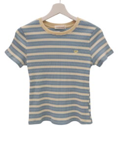 Camiseta de rayas horizontales azul y beige para chica, corte entallado, manga corta, cuello redondo con ribete beige y bordó