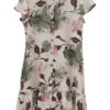 Vestido corto con estampado de hojas en tonos tostados, verdes y rosas sobre fondo claro, escote en V, botones de madera y do